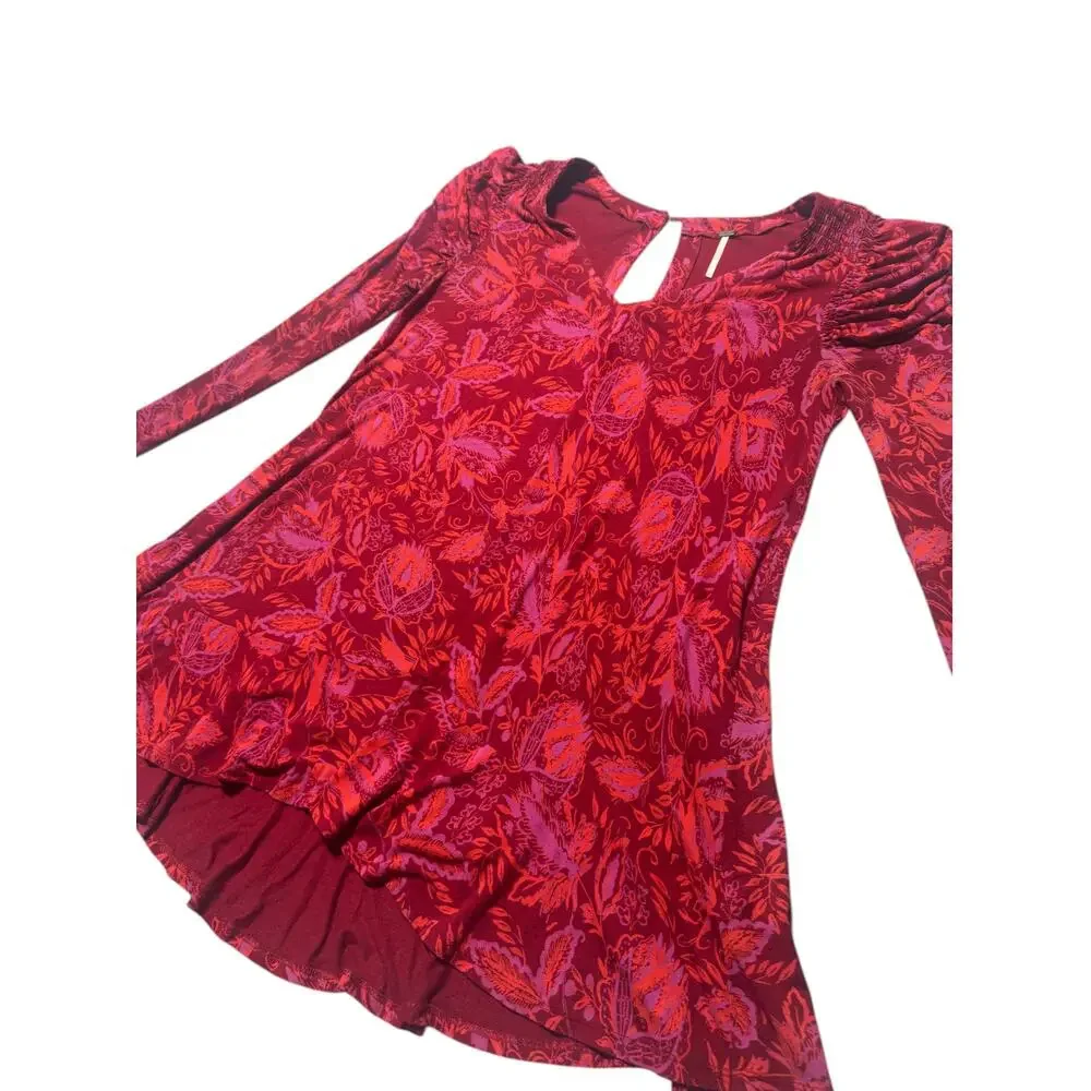 Free People Hello Lover Tunic Top Womens S Red Floral Long Sleeve Puff Shoulder